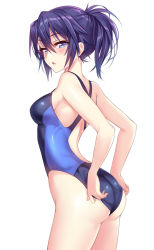 Rule 34 | 10s, 1girl, :o, adjusting clothes, adjusting swimsuit, arched back, ass, back cutout, bad id, bad pixiv id, bare arms, bare shoulders, blue eyes, blue hair, blue one-piece swimsuit, blush, breasts, clothing cutout, competition swimsuit, cowboy shot, eyebrows, from side, hair between eyes, hip focus, looking to the side, mahou shoujo madoka magica, mahou shoujo madoka magica (anime), mahou shoujo suzune magica, matching hair/eyes, one-piece swimsuit, open mouth, parted lips, purple hair, senri gan, shion chisato, short ponytail, simple background, skin tight, solo, standing, swimsuit, thighs, tsurime, white background