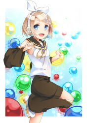Rule 34 | 1girl, :d, bare shoulders, blue eyes, blush, bow, bow hairband, breasts, brown sailor collar, brown shorts, bubble background, clenched hands, commentary request, detached leggings, detached sleeves, dot nose, foot out of frame, hair ornament, hairband, hairclip, hands up, inset border, kagamine rin, kuresuku (lessons), leg up, light brown hair, looking at viewer, looking to the side, multicolored background, neckerchief, open mouth, outside border, parted bangs, raised eyebrows, sailor collar, shirt, short hair, short shorts, shorts, sidelocks, sideways glance, sleeveless, sleeveless shirt, small breasts, smile, solo, standing, standing on one leg, thick eyelashes, vocaloid, white bow, white footwear, wide sleeves, yellow neckerchief