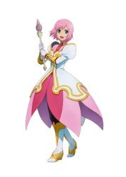 Rule 34 | 00s, 1girl, black pantyhose, boots, dress, estellise sidos heurassein, gloves, green eyes, knee boots, namco, official art, pantyhose, pink hair, project x zone, short hair, solo, tales of (series), tales of vesperia, wand