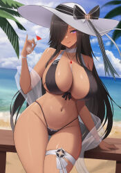 Rule 34 | 1girl, :q, absurdres, beach, bikini, black bikini, black bow, black hair, blue sky, blush, bow, bracelet, breasts, choker, cleavage, closed mouth, collarbone, cup, dark-skinned female, dark skin, day, drinking glass, hat, hat bow, highres, holding, holding cup, huge breasts, jewelry, long hair, looking at viewer, necklace, outdoors, palm tree, purple eyes, skindentation, sky, smile, solo, sun hat, swimsuit, tatakau ataisuru, teeth, thigh gap, thigh strap, tongue, tongue out, tree, ultra-13, very long hair, white choker, zara moussa