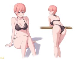 Rule 34 | 1girl, arm support, ass, bikini, black bikini, blush, breasts, cleavage, closed eyes, closed mouth, collarbone, commentary, cropped legs, earrings, from behind, go-toubun no hanayome, halterneck, highres, jewelry, knees up, medium breasts, multiple views, nakano ichika, navel, parted lips, pink hair, purple eyes, ricky (haye4843), short hair, sidelocks, signature, simple background, sitting, smile, stud earrings, swimsuit, white background