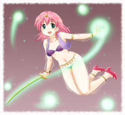 Rule 34 | 1990s (style), 1girl, bikini, detached sleeves, female focus, final fantasy, final fantasy v, full body, gradient background, green eyes, high heels, jacket, lenna charlotte tycoon, mystic knight, open mouth, ottosei, pink hair, retro artstyle, see-through, shoes, short hair, solo, swimsuit, sword, weapon