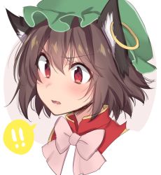 Rule 34 | !, !!, 1girl, animal ears, asa (coco), black hair, blush, bow, bowtie, cat ears, chen, confused, d:, d:&lt;, earrings, hat, jewelry, looking away, mob cap, open mouth, parted lips, pink bow, pink bowtie, portrait, red eyes, short hair, single earring, solo, spoken exclamation mark, touhou, v-shaped eyebrows
