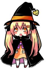 Rule 34 | 1girl, blonde hair, blush, cape, chibi, female focus, full body, halloween, hat, long hair, lowres, mushi baibai, open mouth, orange eyes, original, simple background, smile, solo, twintails, white background, witch hat