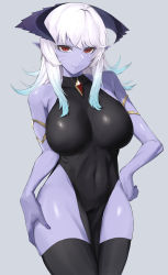 Rule 34 | absurdres, bare hips, bare shoulders, black dress, black theme, breasts, colored skin, dress, halo, halter dress, halterneck, hand on own hip, highres, kataku musou, large breasts, original, pelvic curtain, pointy ears, purple skin, red eyes, sleeveless, thick thighs, thighhighs, thighs, white hair