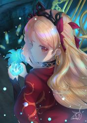 Rule 34 | 1girl, absurdres, blonde hair, bow, cape, crying, diadem, earrings, ereshkigal (fate), fate/grand order, fate (series), floating hair, from behind, hair bow, highres, holding, jewelry, long hair, long sleeves, purple (jobseeking), red bow, red cape, red eyes, signature, solo, tears, very long hair