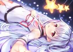 Rule 34 | bare shoulders, blush, breasts, collarbone, covered navel, detached sleeves, dress, highres, isla (plastic memories), jiyasu, looking at viewer, looking to the side, lying, night, night sky, on back, open mouth, outstretched arm, plastic memories, red eyes, shirt, silver hair, sky, sleeveless, sleeveless dress, sleeveless shirt, small breasts, tight clothes, tight shirt, upper body, white shirt
