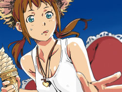 Rule 34 | 1girl, bad id, bad pixiv id, bare shoulders, blue eyes, blurry, brown hair, depth of field, dutch angle, food, food on face, foreshortening, hat, heart, ice cream, ice cream cone, ice cream on face, jewelry, licking lips, original, pendant, shirt, sleeveless, sleeveless shirt, solo, straw hat, tarou2, tongue, tongue out, twintails