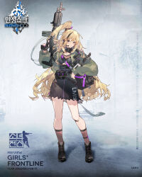 Rule 34 | ammunition box, ammunition pouch, black bag, black dress, black footwear, black hair, blonde hair, boots, chest strap, dress, full body, girls&#039; frontline, green eyes, green jacket, gun, headset, high-capacity magazine, high ponytail, highres, holding, holding gun, holding weapon, jacket, kac lamg, kac stoner lmg, lamg (girls&#039; frontline), light machine gun, long hair, looking at viewer, machine gun, multicolored hair, official art, pouch, purple nails, see-through, see-through socks, sidelocks, socks, solo, squad automatic weapon, standing, standing on one leg, very long hair, wavy hair, weapon