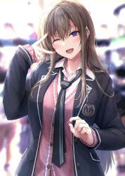 Rule 34 | 1girl, absurdres, black necktie, blurry, blurry background, blush, brown hair, collared shirt, commentary request, hand up, highres, jewelry, long hair, long sleeves, looking at viewer, nail polish, necklace, necktie, one eye closed, open mouth, original, purple eyes, red nails, ring, school uniform, shirt, smile, solo, suien, uniform, v