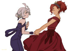 Rule 34 | 2girls, ahoge, bare shoulders, blue choker, blue dress, choker, closed eyes, commentary request, dress, formal, from side, gown, gundam, gundam suisei no majo, hair up, hapy, highres, holding hands, miorine rembran, multiple girls, official alternate costume, official alternate hairstyle, profile, red dress, red hair, smile, suletta mercury, tiara, vt104k, white background, yuri