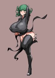 Rule 34 | 1girl, 9is, absurdres, alternate breast size, arm up, black dress, blush, boots, breasts, curly hair, dress, green eyes, green hair, groin, highres, huge breasts, leg up, long sleeves, looking at viewer, no panties, one-punch man, open mouth, short hair, signature, simple background, solo, standing, standing on one leg, tatsumaki, thick thighs, thigh boots, thighs