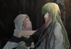 Rule 34 | 1boy, 1girl, arabian clothes, bare shoulders, blood, blood from mouth, brown eyes, closed mouth, crying, dress, earrings, enkidu (fate), fate/grand order, fate (series), forest, from side, green dress, green hair, hand on another&#039;s face, headband, hoop earrings, jewelry, kingu (fate), kinokuniii, lahmu (fate), long hair, looking at another, monster, mouth veil, nature, robe, siduri (fate), smile, spoilers, standing, tears, tree, veil, white hood, white robe
