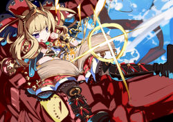 Rule 34 | :q, black footwear, blonde hair, blue background, book, boots, bracer, cagliostro (granblue fantasy), commentary request, diffraction spikes, dragon, granblue fantasy, jewelry, long hair, magic, miyakawa106, ouroboros (granblue fantasy), purple eyes, red skirt, shirt, skirt, star (symbol), tiara, tongue, tongue out