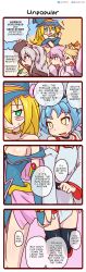 Rule 34 | absurdres, blonde hair, blue hair, breasts, comic, dark magician girl, effect veiler, eyebrows, closed eyes, green eyes, hat, highres, multiple girls, open mouth, red eyes, shoes, text focus, yellow eyes, yu-gi-oh!