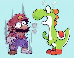 Rule 34 | 1boy, burnt clothes, dinosaur, facial hair, full body, hat, highres, injury, looking at viewer, mario, mario (series), mustache, nintendo, overalls, super mario world, sweat, tail, tears, yoshi