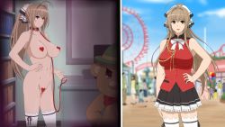 Rule 34 | 1girl, amagi brilliant park, animal collar, balloon, bare arms, bare shoulders, bdsm, black skirt, blurry, bookcase, bookshelf, bow, bowtie, breasts, brown eyes, brown hair, cleft of venus, cloud, collar, collarbone, cottage, cowboy shot, day, depth of field, desk, facing viewer, ferris wheel, green headwear, hair intakes, hair ribbon, hand on own hip, hat, heart maebari, heart pasties, high ponytail, highres, indoors, large breasts, leash, long hair, looking at viewer, maebari, mascot, miniskirt, moffle, navel, open mouth, outdoors, pasties, pleated skirt, red headwear, red pasties, ribbon, sento isuzu, skirt, sky, smile, solo focus, split image, standing, tagme, thighhighs, vest, white thighhighs, zettai ryouiki