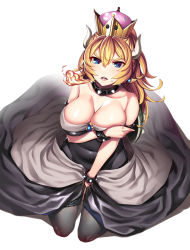 Rule 34 | 1girl, absurdres, black dress, blonde hair, blue eyes, bowsette, bracelet, breast hold, breasts, breath weapon, breathing fire, cleavage, collar, crown, dress, fire, hiememiko, highres, jewelry, large breasts, looking at viewer, mario (series), new super mario bros. u deluxe, nintendo, parted lips, sharp teeth, sitting, solo, spiked bracelet, spiked collar, spiked shell, spikes, super crown, sweatdrop, teeth, wariza, white background
