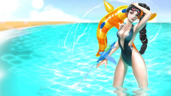 Rule 34 | 1girl, alternate costume, arm up, armpits, artist request, beach, black hair, blue eyes, braid, breasts, cleavage, highres, inflatable toy, league of legends, long hair, looking at viewer, vayne (league of legends), solo, source request, sunglasses, swimsuit, thighs, very long hair, wading, water, water gun