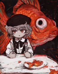 Rule 34 | 1girl, animal, beret, black background, black hat, black ribbon, brown hair, collared shirt, commentary request, dated commentary, dress shirt, elbows on table, fish, flower, fork, gestart333, goldfish, hair flower, hair ornament, hair ribbon, hat, hatoba tsugu, highres, holding, holding fork, holding knife, holding utensil, knife, long sleeves, looking to the side, medium hair, mole, mole under eye, neck ribbon, open mouth, orange eyes, oversized animal, painterly, plate, raised eyebrows, ribbon, shirt, sitting, solo, straight-on, surreal, suspenders, table, tablecloth, tsugu (vtuber), twitter username, upper body, virtual youtuber, white flower, white shirt
