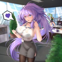 Rule 34 | 1girl, between breasts, blurry, blurry background, bra, bra visible through clothes, breasts, button gap, green heart (neptunia), heart, highres, lanyard, large breasts, long hair, looking at viewer, neptune (series), office lady, pencil skirt, purple hair, purple heart (neptunia), see-through, skirt, solo focus, spoken heart, underwear, white heart (neptunia), yolo generations