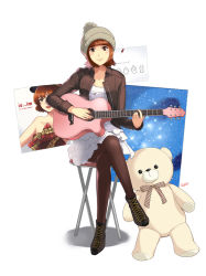 Rule 34 | 1girl, acoustic guitar, beanie, brown eyes, brown hair, chair, doll, folding chair, folding stool, guitar, hat, instrument, iu (singer), jacket, pantyhose, real life, ribbon, sitting, skirt, smile, solo, stuffed animal, stuffed toy, teddy bear