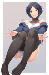 Rule 34 | 1girl, bare shoulders, black hair, black pantyhose, breasts, cameltoe, choker, clothes pull, collarbone, commentary, commentary request, full body, hayami kanade, highres, idolmaster, idolmaster cinderella girls, jewelry, jjune, large breasts, light smile, lips, looking at viewer, looking down, necklace, no shoes, off shoulder, panties, pantyhose, pantyhose pull, pantyshot, parted bangs, parted lips, pigeon-toed, pulling own clothes, short hair, sitting, solo, underwear, undressing, white panties, yellow eyes