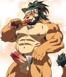 Rule 34 | 1boy, abs, animal ears, arsalan (tokyo houkago summoners), bara, blonde hair, blush, brown fur, clothing aside, come hither, erection, feet out of frame, food, fundoshi, fundoshi aside, fundoshi pull, furry, furry male, green hair, hachimaki, headband, highres, japanese clothes, large pectorals, lion boy, lion ears, looking at viewer, male focus, male pubic hair, mature male, medium hair, multicolored hair, muscular, muscular male, navel, nipples, pectorals, penis, precum, presenting, pubic hair, rossciaco, sausage, seductive smile, sexually suggestive, smile, solo, stomach, tail raised, thick thighs, thighs, tokyo houkago summoners, topless male, two-tone hair, uncensored, veins, veiny penis, wet