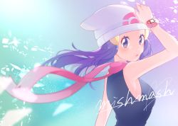 Rule 34 | 1girl, arm up, bad id, bad pixiv id, beanie, black shirt, commentary request, creatures (company), dawn (pokemon), floating hair, floating scarf, from side, game freak, hair ornament, hairclip, hat, highres, long hair, nintendo, poke ball print, pokemon, pokemon dppt, poketch, purple hair, purple scarf, ririmon, scarf, shirt, sleeveless, sleeveless shirt, solo, upper body, watch, white hat, wristwatch