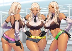 Rule 34 | 3girls, ass, back, bare back, bare shoulders, belt, blonde hair, breasts, butt crack, covered erect nipples, curvy, dark-skinned female, dark elf, dark skin, elbow gloves, elf, eyelashes, gloves, grin, gyaru, hand on own hip, huge breasts, large breasts, light, long hair, looking at viewer, looking back, monster girl, multiple girls, navel, necktie, original, pointy ears, puffy nipples, red eyes, shiny clothes, shiny skin, short shorts, shorts, smile, standing, tatsunami youtoku, teeth, thick thighs, thighs, triplets, upper body, wide hips