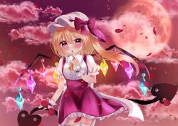 Rule 34 | 1girl, absurdres, adapted costume, back bow, blonde hair, blush, bow, breasts, collared shirt, cowboy shot, crystal, finger to mouth, flandre scarlet, frilled shirt, frilled shirt collar, frilled sleeves, frills, full moon, garter straps, glowing, glowing wings, hat, hat bow, hat ribbon, highres, holding, holding polearm, holding weapon, huako31, index finger raised, laevatein (touhou), large bow, long hair, looking at viewer, mob cap, moon, multicolored wings, nail polish, one side up, outdoors, polearm, puffy short sleeves, puffy sleeves, red bow, red eyes, red moon, red nails, red petals, red ribbon, red skirt, red sky, ribbon, shirt, short sleeves, skirt, sky, small breasts, solo, thighhighs, touhou, weapon, white bow, white hat, white thighhighs, wings, wrist cuffs