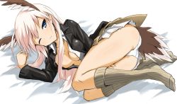 Rule 34 | 1girl, bad id, bad pixiv id, blue eyes, dakku (ogitsune), hanna-justina marseille, head wings, long hair, lying, military, military uniform, on side, one eye closed, open clothes, open shirt, panties, pantyshot, shirt, silver hair, socks, solo, strike witches, tail, underwear, uniform, wings, wink, witches of africa, world witches series