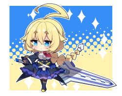 Rule 34 | 1girl, absurdly long hair, absurdres, ahoge, black pantyhose, black skirt, blazblue, blonde hair, blue eyes, blue footwear, blush, boots, braid, breasts, center frills, chibi, closed mouth, commentary request, es (xblaze), frilled sleeves, frills, full body, hair between eyes, halftone, halftone background, highres, holding, holding sword, holding weapon, large breasts, long hair, long sleeves, milkpanda, outline, pantyhose, shirt, short eyebrows, single braid, skirt, sleeves past wrists, solo, sparkle, standing, sword, thick eyebrows, very long hair, weapon, white outline, white shirt, wide sleeves
