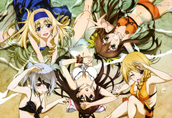 Rule 34 | 10s, 5girls, absurdres, barefoot, beach, bikini, blonde hair, blue eyes, breasts, brown hair, cecilia alcott, charlotte dunois, cleavage, eyepatch, green eyes, highres, huang lingyin, huge filesize, infinite stratos, laura bodewig, long hair, megami magazine, multiple girls, official art, purple eyes, red eyes, shinonono houki, silver hair, smile, swimsuit, twintails, water, wink