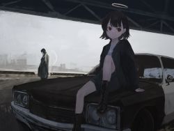 Rule 34 | 1girl, 1other, arm support, black footwear, black hair, black jacket, blouse, blue shirt, boots, car, closed mouth, commentary, daruma karei, grey sky, halo, highres, jacket, jewelry, long sleeves, looking at viewer, motor vehicle, muscle car, necklace, on vehicle, original, outdoors, red eyes, shirt, short hair, sitting, sky, solo focus