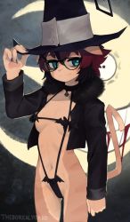 Rule 34 | 1girl, aeiou (yoako), animal ears, animal nose, aqua eyes, artist name, bell, black-framed eyewear, black choker, black hair, black jacket, breasts, cat ears, cat girl, cat tail, choker, commentary, cowboy shot, crescent moon, cropped jacket, english commentary, fur collar, furry, furry female, glasses, hair between eyes, hair ornament, hand on headwear, hat, jacket, jingle bell, long sleeves, looking at viewer, moon, multicolored hair, navel, neck bell, original, red hair, revealing clothes, short hair, small breasts, smile, solo, tail, two-tone hair, witch hat, x hair ornament, yoako