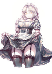 Rule 34 | 1girl, absurdres, apron, black panties, black thighhighs, breasts, clothes lift, commentary, cropped legs, dress, dress lift, expressionless, facial mark, garter belt, garter straps, highres, large breasts, leon v, lifted by self, long braid, long hair, looking at viewer, maid, maid apron, maid headdress, nail polish, original, panties, simple background, solo, symbol-only commentary, thighhighs, underwear, white apron, white background, white hair, yellow eyes