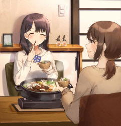 Rule 34 | 2girls, absurdres, bad id, bad pixiv id, black hair, blush, bowl, brown hair, chair, chopsticks, closed eyes, closed mouth, eating, food, hair ornament, hair tie, hairclip, highres, holding, holding bowl, hotpot, indoors, kyo (maae00), long sleeves, looking at another, medium hair, multiple girls, mushroom, open mouth, original, ponytail, shiitake, sitting, smile, sweater, upper body