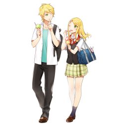 Rule 34 | 1boy, 1girl, backpack, bag, bag charm, black pants, black vest, blonde hair, bookbag, brother and sister, brown footwear, charm (object), eye contact, food, green eyes, green skirt, holding, holding spoon, ice cream, ice cream cone, index finger raised, looking at another, maruyama hari, official art, one eye closed, pants, plaid, plaid skirt, rakkami!, siblings, skirt, spoon, transparent background, vest