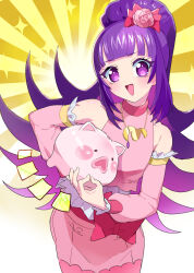 Rule 34 | 1girl, :d, bare shoulders, blunt bangs, blush, bow, commentary request, cowboy shot, cropped shirt, detached sleeves, flipped hair, flower, gold necklace, hair bow, hair flower, hair ornament, hanazono shuka, hand on own hip, holding, idol time pripara, jewelry, long hair, looking at viewer, moudoku (decopon3rd), necklace, notice lines, ok sign, open mouth, piggy bank, pink bow, pink flower, pink rose, pink shirt, pink skirt, pink sleeves, ponytail, pretty series, pripara, purple eyes, purple hair, rose, shirt, skirt, smile, solo, sparkle, standing, yellow background