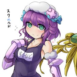 Rule 34 | 1girl, aqua eyes, blush, breasts, cleavage, clock, collarbone, covered navel, fingerless gloves, fun bo, gloves, hair between eyes, hat, mechanical wings, medium breasts, name tag, no nose, old school swimsuit, one-piece swimsuit, purple gloves, purple hair, puzzle &amp; dragons, school swimsuit, short hair, simple background, skuld (p&amp;d), smile, solo, swimsuit, upper body, vambraces, white background, wings