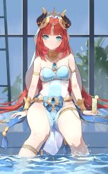 Rule 34 | 1girl, absurdres, alternate costume, arm support, armlet, bare shoulders, blue eyes, blue gemstone, blue nails, blush, breasts, closed mouth, commentary, covered navel, forehead jewel, gem, genshin impact, glass, gong cha, groin, highres, horns, jewelry, long hair, mole, mole on breast, nail polish, neck ring, nilou (genshin impact), no panties, one-piece swimsuit, parted bangs, pelvic curtain, plant, red hair, sitting, small breasts, soaking feet, solo, swimsuit, thighlet, thighs, tropical drink, vambraces, veil, vision (genshin impact), white headdress, window