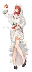 Rule 34 | 1girl, absurdres, apple, bare legs, black footwear, blush, commission, dress, fire emblem, fire emblem: mystery of the emblem, fire emblem: shadow dragon, food, fruit, full body, highres, holding, holding clothes, holding dress, holding food, holding fruit, hood, jewelry, lena (fire emblem), long dress, long hair, long sleeves, looking at viewer, necklace, nintendo, open mouth, osiri siri siri, red apple, red eyes, red hair, robe, shoes, signature, skeb commission, solo, veil, white background, white dress, wide sleeves