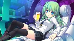 Rule 34 | 1girl, alcohol, beer, black thighhighs, blue eyes, blunt bangs, blush, boots, chestnut mouth, dutch angle, g.i.b. girls in black, green hair, highres, long hair, long sleeves, looking at viewer, open mouth, school uniform, skirt, solo, sumisu mio, tenmaso, thighhighs, zettai ryouiki