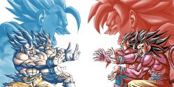 Rule 34 | clenched teeth, dougi, dragon ball, dragon ball super, dragon ball super broly, dragon ball z dokkan battle, forest 1988, from side, fusion, gogeta, highres, incoming attack, kamehameha (dragon ball), monkey boy, monkey tail, multiple boys, red fur, saiyan, simple background, son goku, spiked hair, super saiyan, super saiyan 4, super saiyan blue, tail, teeth, torn clothes, vegeta, white background
