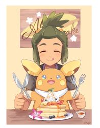Rule 34 | 1boy, alolan form, alolan raichu, bad id, bad pixiv id, bib, black shirt, blue eyes, blush, border, closed eyes, commentary request, creature, creatures (company), dark-skinned male, dark skin, facing viewer, food, fork, game freak, gen 7 pokemon, green hair, happy, hau (pokemon), holding, holding fork, holding knife, knife, looking at viewer, male focus, mei (maysroom), nintendo, on lap, open mouth, pancake, plate, pokemon, pokemon (creature), pokemon on lap, pokemon sm, shirt, sign, signature, sitting, sitting on lap, sitting on person, smile, table, tongue, tongue out, topknot, white border