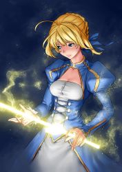 Rule 34 | 1girl, ahoge, artoria pendragon (fate), blonde hair, breasts, cleavage, cleavage cutout, clothing cutout, delta zone, dress, excalibur (fate/stay night), fate/stay night, fate (series), glowing, green eyes, hair ribbon, highres, ribbon, saber (fate), solo, sword, weapon