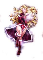 Rule 34 | 1girl, alternate costume, bare legs, belt, blonde hair, blue eyes, blush, boots, breasts, chiba toshirou, christmas, dress, elbow gloves, full body, fur trim, gloves, high heel boots, high heels, highres, knee boots, kolin, large breasts, long hair, looking at viewer, magic, no headwear, no headwear, outstretched hand, pelvic curtain, purple gloves, red dress, running, santa costume, snow, solo, street fighter, street fighter v, thick thighs, thighs, wavy hair