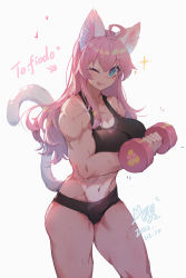 Rule 34 | absurdres, ahoge, animal ears, blue eyes, cat ears, highres, long hair, muscular, muscular female, one eye closed, original, pink hair, sports bra, tail, tan, tongue, tongue out, weights, xing
