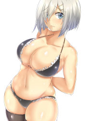 Rule 34 | 10s, 1girl, arms behind back, bikini, black bikini, black thighhighs, blue eyes, blush, breasts, cleavage, closed mouth, collarbone, eyes visible through hair, frilled bikini, frills, hair ornament, hair over one eye, hairclip, hamakaze (kancolle), kantai collection, large breasts, looking at viewer, navel, saintshiro, short hair, silver hair, simple background, skindentation, solo, swimsuit, thick thighs, thighhighs, thighs, wavy mouth, white background